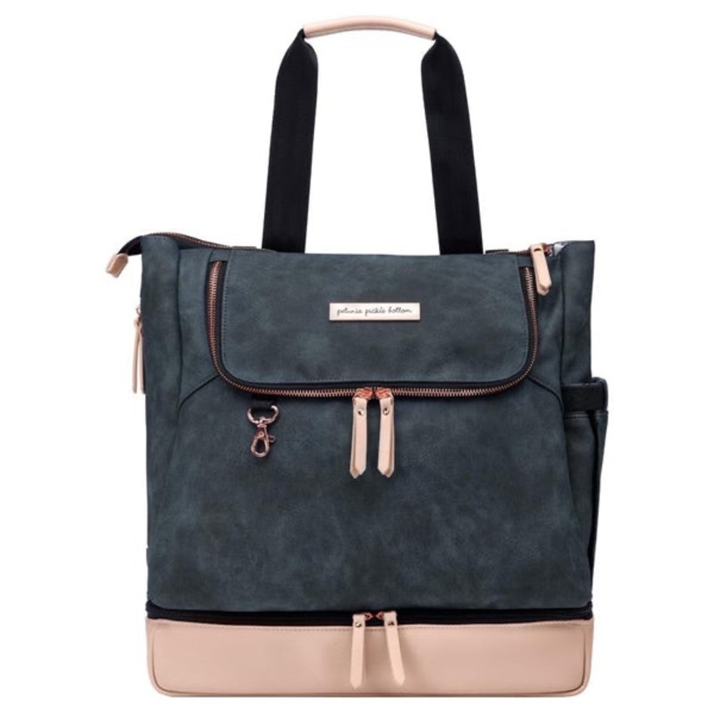 Petunia Pickle Bottom navy and blush tote with rose gold hardware